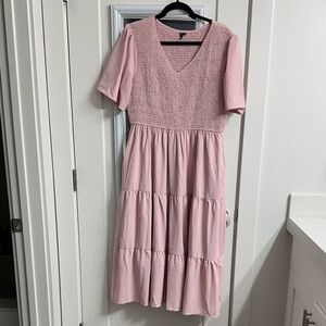 Light Pink Smocked Tiered Midi Dress with pockets